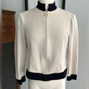 St. John Santana Knit Cardigan Knit Blazer Jacket Women's Size 6 Cream & Black